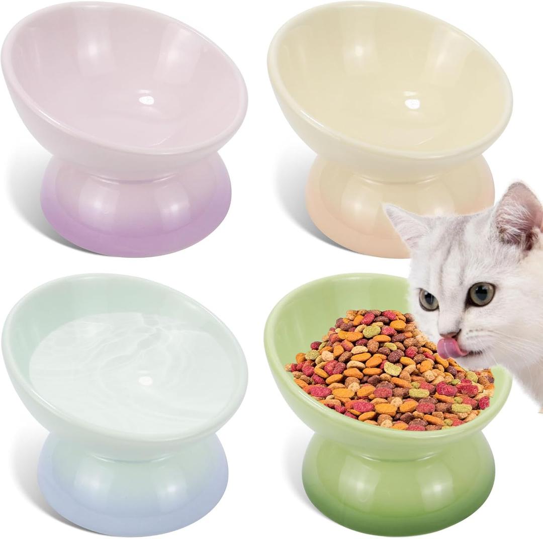Elevated Cat Food Bowl 4 Pack 5 Oz Ceramic Raised Tilted Water Dishes, 15° Tilt Anti Vomiting, Protect Pets' Spines Bowls for Small Dog, Fat Faced Cat, Kitten