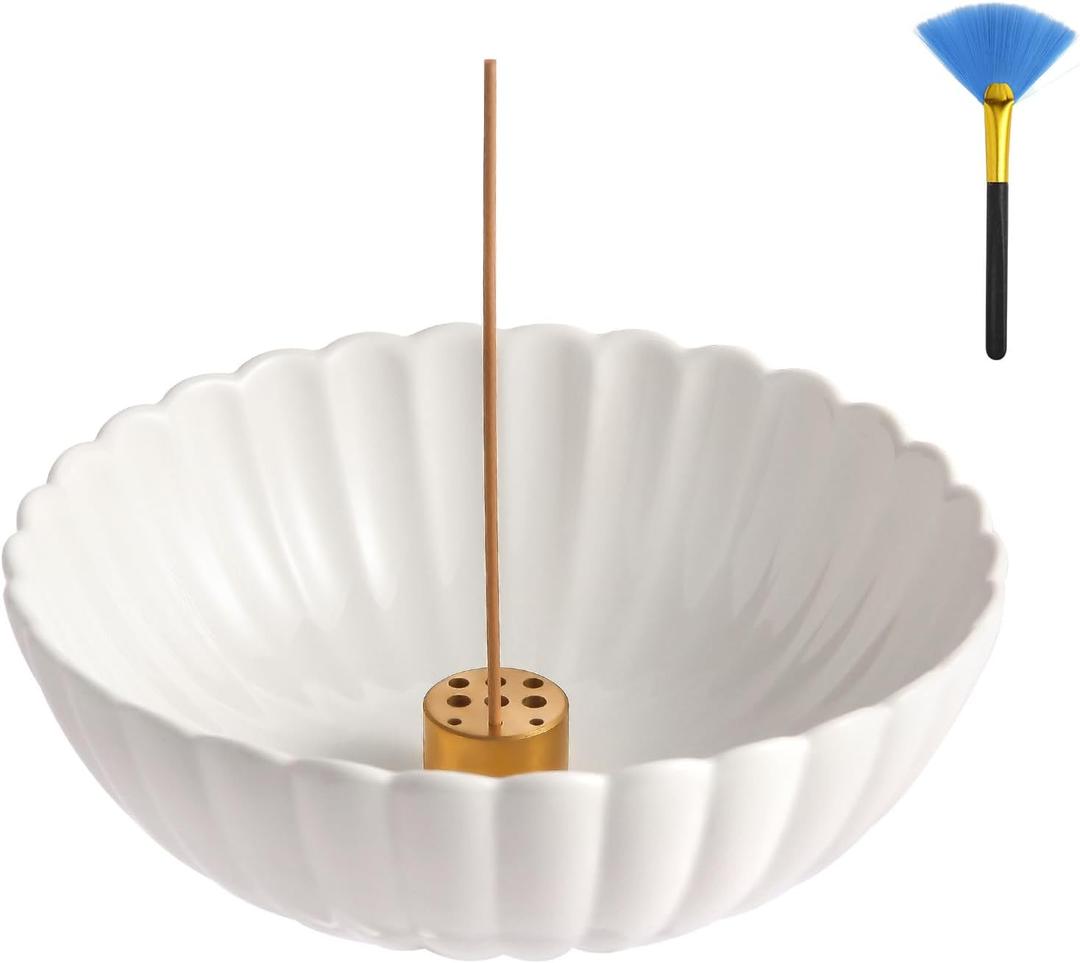 Incense Holder for Sticks, Ceramic Smudge Bowl Ash Catcher for Incense, Cones, Sage and Palo Santo, Incense Burner Holder Ideal for Smudging, Incense Burning, Decoration (White)
