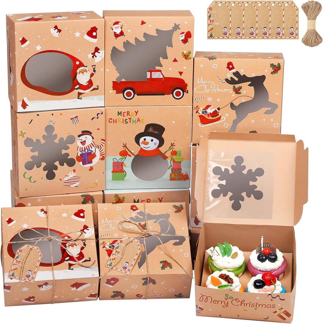 Ruisita 15 Pack Christmas Cupcake Boxes Cookie Boxes Kraft Brown Bakery Boxes with Windows 4 Holes Gift Treats Container with 15 Tags for Holiday Gift Giving, Candy, Cakes, 6.3 x 6.3 x 3 Inches