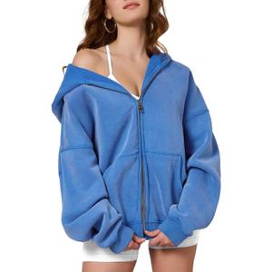 Dnzzs Womens Zip Up Hoodie Oversized Acid Wash Sweatshirts Heavyweight Fall Fashion Outfits Casual Jackets Winter Clothes (Large, Bright Blue)