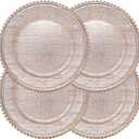 Ms Lovely Cross-stitch Pattern Glass Charger 12.6 Inch Dinner Plate With Beaded Rim - Set of 4 - Rose Gold Color