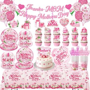 133Pcs Mothers Day Decorations, Happy Mothers Day Party Set with Plates, Napkins, Cups, Tablecloth, Banner, Balloons, Cake Topper, Cupcake Toppers for Mom Birthday Party, Serves 20 Guests