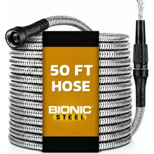BIONIC STEEL 50 Ft Metal Garden Hose with Sprayer Nozzle, Non Kinking Designed Stainless Steel Heavy Duty Water Hose 50Ft x 5/8 in. Ultra Flexible NON Expandable for Uninterrupted Water Flow, 500 PSI