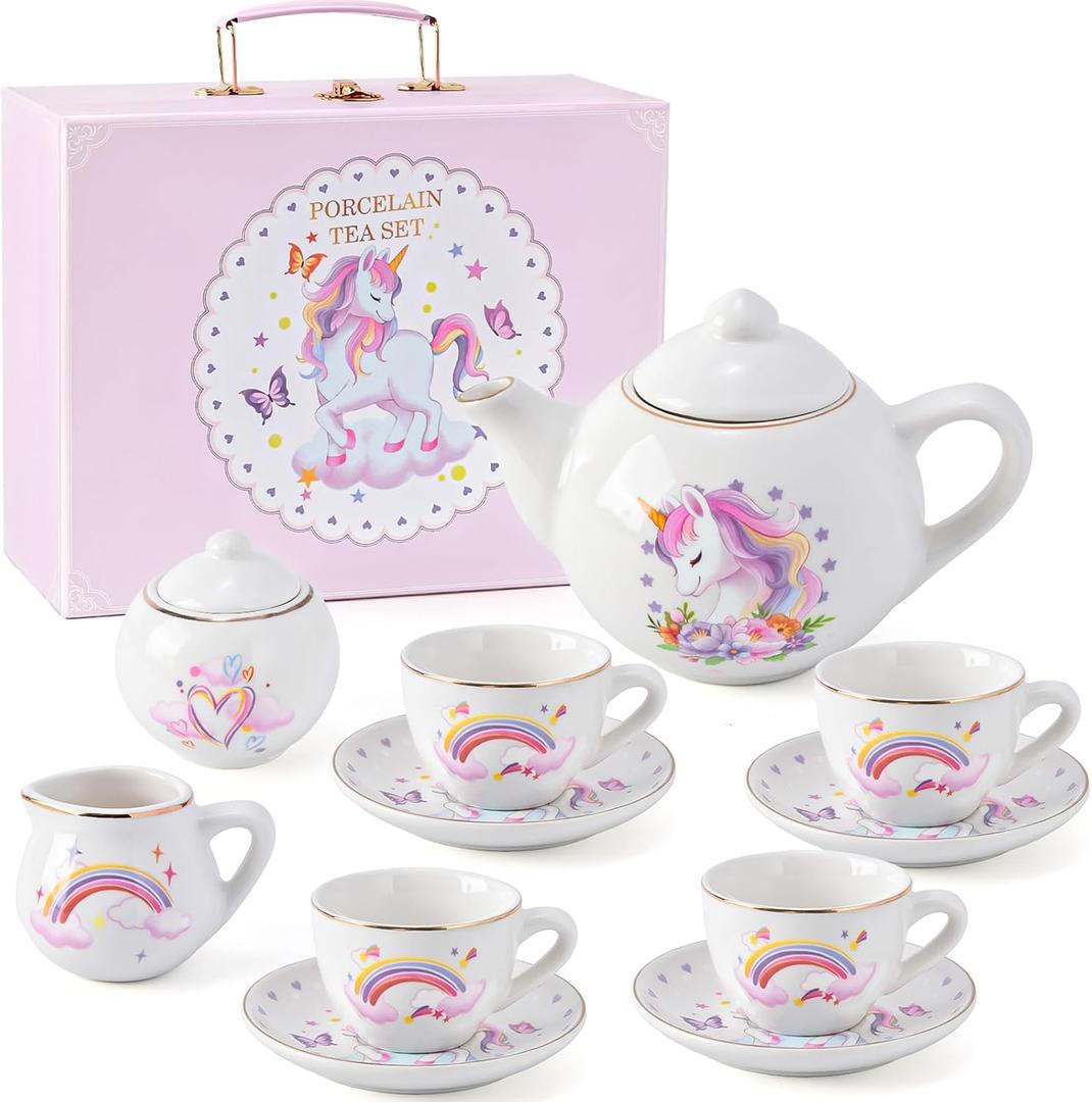 Tacobear Porcelain Tea Set for Girls Toys Unicorn Gift, 13pcs Tea Party Set with Teapot & Cup & Saucer & Suitcase, Kid Kitchen Pretend Playset Birthday Unicorn Toys for Girls 3 4 5 6-8