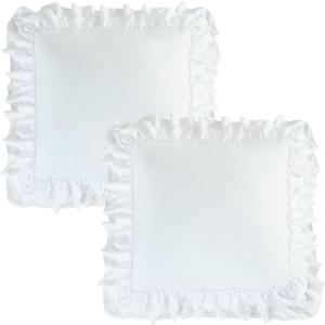HIG Boho Ruffled Euro Shams 26"X26" Set of 2 Covers, Decorative Farmhouse Euro Pillow Covers for Home Decor, Romantic Victorian White European Throw Pillow Covers with Envelope Closure (Emory)