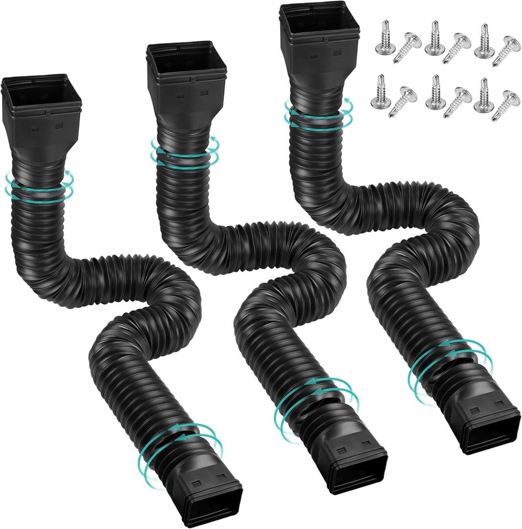 3 Pack Rain Gutter Downspout Extensions Flexible,Downspout Diverter Extendable From 21" To 58". Downspout Extender Is Suitable For Most Drain Pipe (Black)