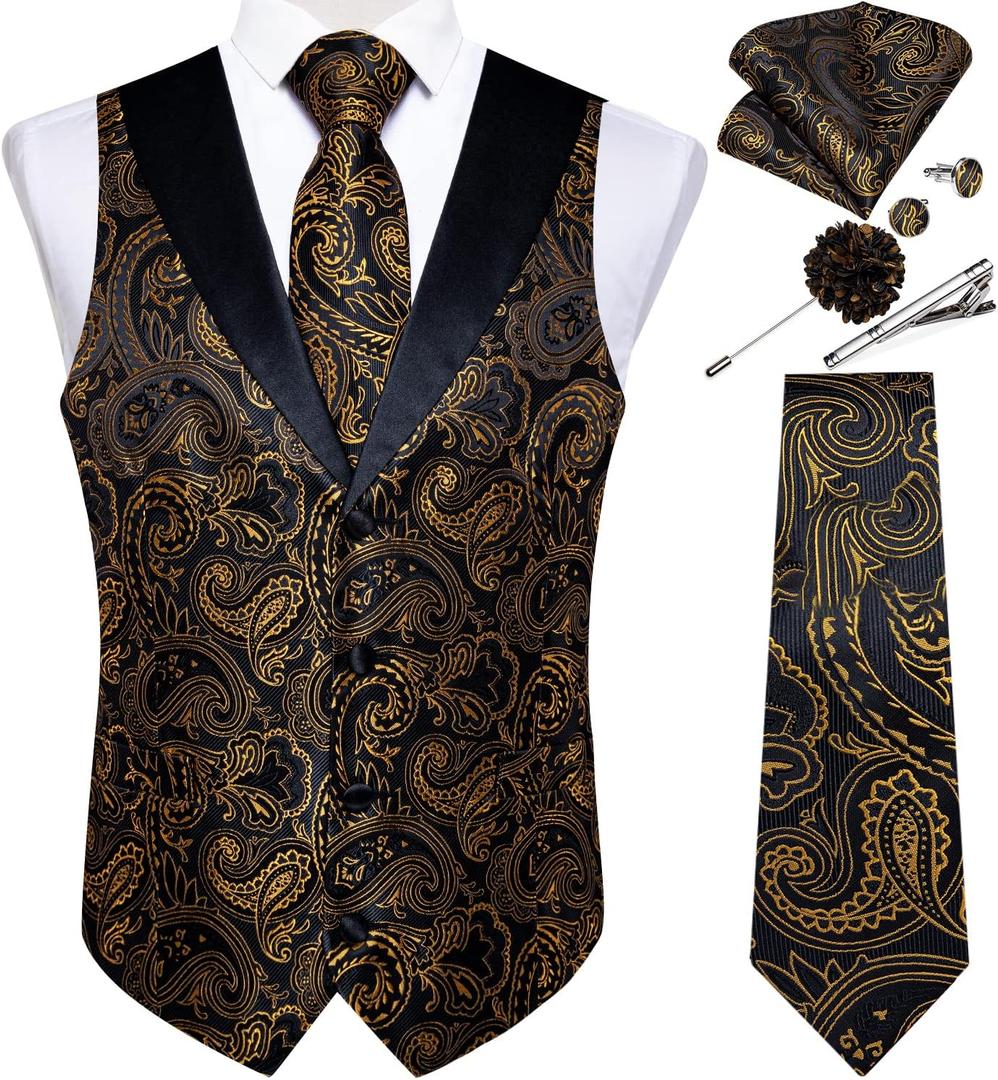 DiBanGu Mens Paisley Suit Vest Silk Jacquard Waistcoat and Necktie Set Formal Shawl Collar Dress Vest 7PCS for Wedding Party (XX-Large, Black and Gold)