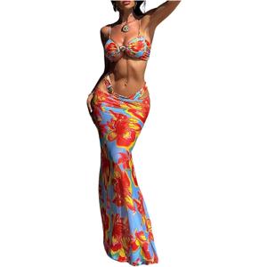 Women's 3 Piece Floral Cheeky Bikini Sets Halter String Swimsuit with Mesh Beach Cover Up Skirt (Large, Blue Orange)