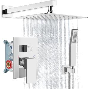 Aolemi Shower Faucet Set Rain Shower System with Handheld Spray Bathroom Shower Combo Rough-in Valve and Shower Trim Kit Included Polish Chrome 12 Inch Wall Mount Shower Head