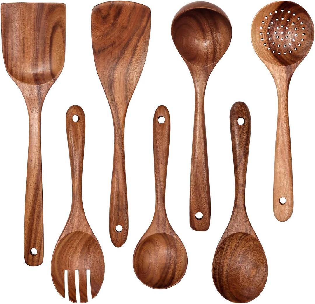 Wooden NonStick Kitchen Pan Toolset 7 Pieces Set, Natural Kitchen Utensils Spatula, Wooden Cooking Utensils Spoons, Fried Spatula and Salad Fork