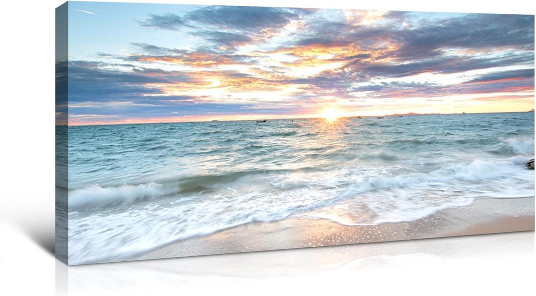 Large Landscape Canvas Wall Art Beach Sunset Ocean Waves Nature Picture on Canvas Blue Sky Beach Artwork Prints Ready to Hang for Living Room Bedroom Size 48"x24"