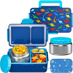 Dinosaur Bento Lunch Box for Kids  12oz StainlessSteel Soup Thermo & 3Compartment LeakProof Food Container with BuiltIn Ice Pack, Insulated Food Jar for Boys & Girls, School & Travel