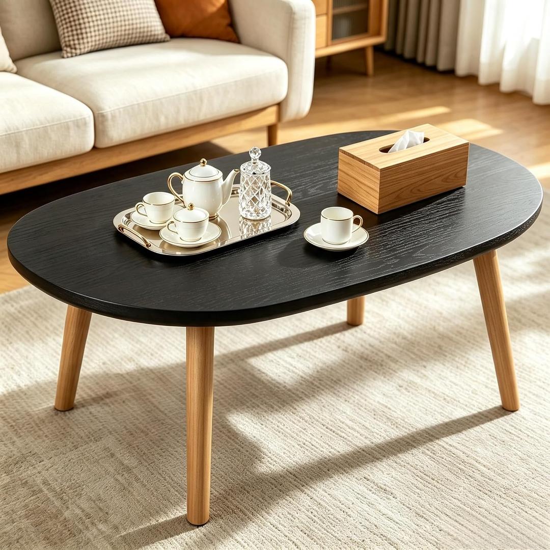 Coffee Table Low Table with Solid Wood Legs, 31.5x19.7 Large Coffee Table Side Table, Floor Table Desk for Sitting on The Floor, Living Room Furniture for Office Apartment Home, Oval Black, 31.5x19.7x16.3 inches