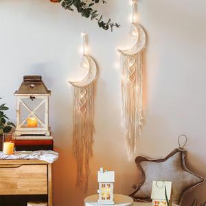 2 x 2Pcs White Moon Dream Catcher, Bohemian Dream Catcher, Handmade Bohemian Dream Catcher for Mom, Friends, Women, Girls, Woven Wall Hanging, Bedroom Decoration (2Pcs Moon-White)