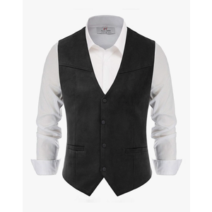 PJ PAUL JONES Men's Western Cowboy Suit Vest Slim Fit Faux Suede Leather Dress Vests Waistcoat for Wedding Black XL