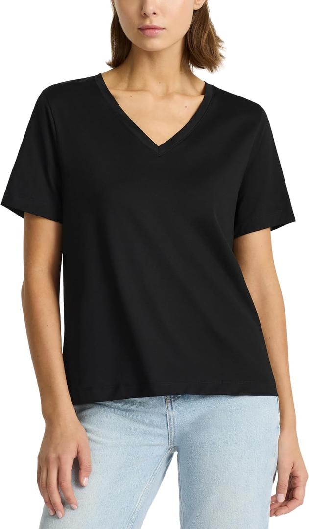 Womens Supima Mercerised Cotton V-Neck T-Shirt USA-Grown Cotton, Luxury Finish, Short Sleeve, Flattering Fit (Black, XL)