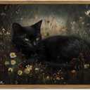 Framed Vintage Black Cat Canvas Wall Art, Gothic Dark Academia Cat Pictures Wall Decor, Moody Floral Animal Paintings Prints Cottagecore Home Decor for Living Room Bedroom Bathroom 16x24 inch