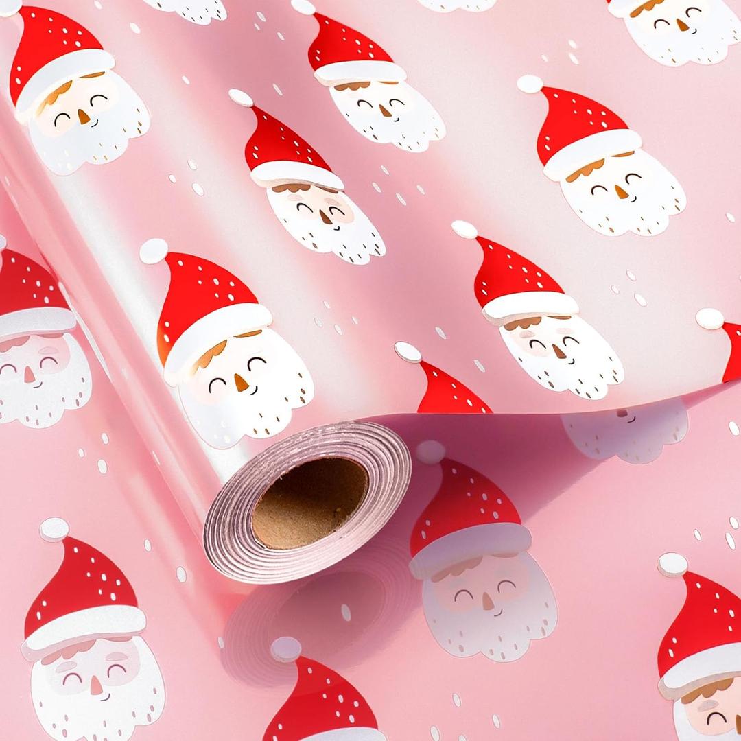 2 x Retrify Christmas Pink Wrapping Paper - Mini Roll - 17 Inches x 32.8 Feet Cute Santa Claus Metallic Foil Shine Gift Wrap Paper Roll for Holiday Party Celebration