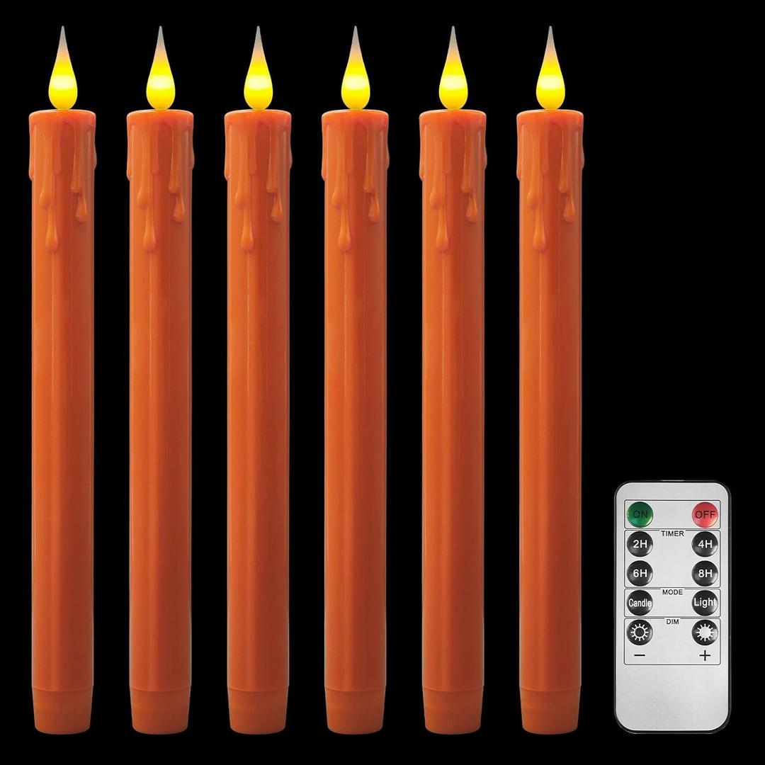 Flameless Taper Candles -10 inch 6 Pack Orange Candle Sticks with 3D Flickering Effect & 10-Key Remote, Realistic Battery Operated Candlesticks for Christmas Decor, Weddings, Halloween, Home Decor