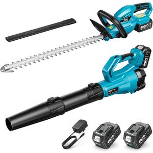 SEESII Cordless Hedge Trimmer and Leaf Blower Combo, 2 Pcs 4.0Ah Batteries, Electric Handheld Bush Trimmer with 20" Dual-Action Blade, Lightweight Brushless Blower with 2 Speed Modes for Yard Garden