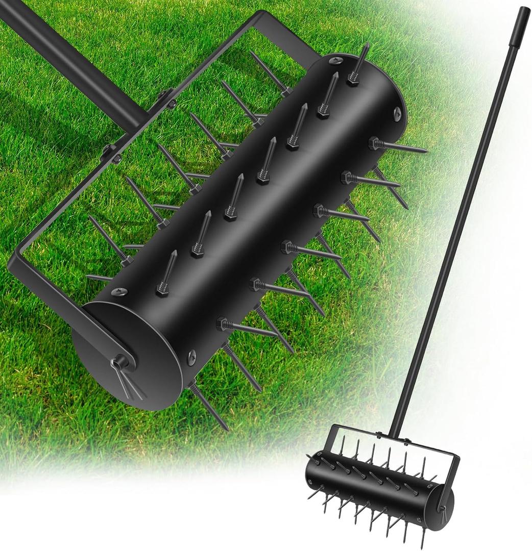 22" Lawn Aerator Tool Manual Lawn Aerators Rolling Lawn Aerator Manual Aeration Tool Soil Aerator Roller with 55" Stainless Steel Handle and Handle Cover for Garden Patio Manual Lawn Aerator Black