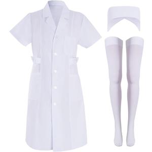 3pcs Nurse Costume for Women White Short Sleeve White Lab Coat Doctor Costume Halloween Nurse Dress Outfit (X-Large)