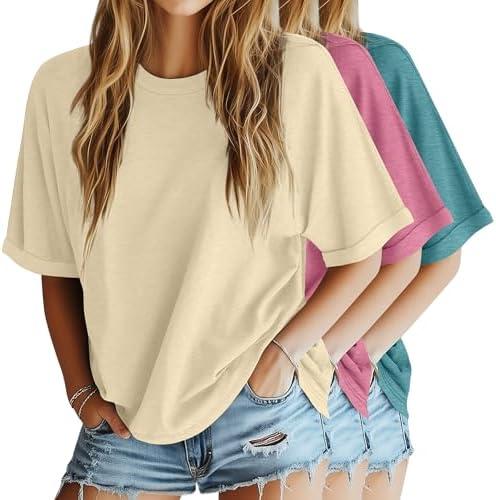 Riyiper 3 Pack Women's Oversized T-Shirt Half Sleeve Summer Tees Casual Loose Fit Crew Neck Basic Tops, Size M