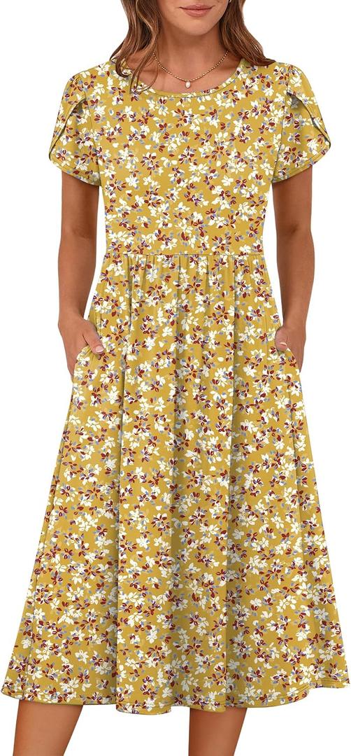 ANRABESS Women's Summer Short Sleeve A-Line Midi Dresses Casual Floral T-Shirt Dresses Flowy Beach Sundress with Pockets M