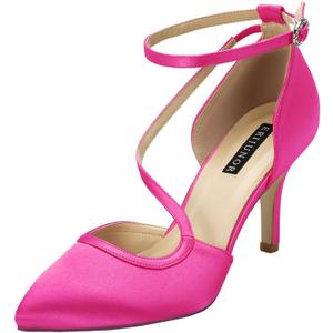 ERIJUNOR Women Comfortable Mid Heel Ankle Strappy Dress Pumps Pointed Toe Satin Wedding Evening Party Shoes (7, Hot Pink)