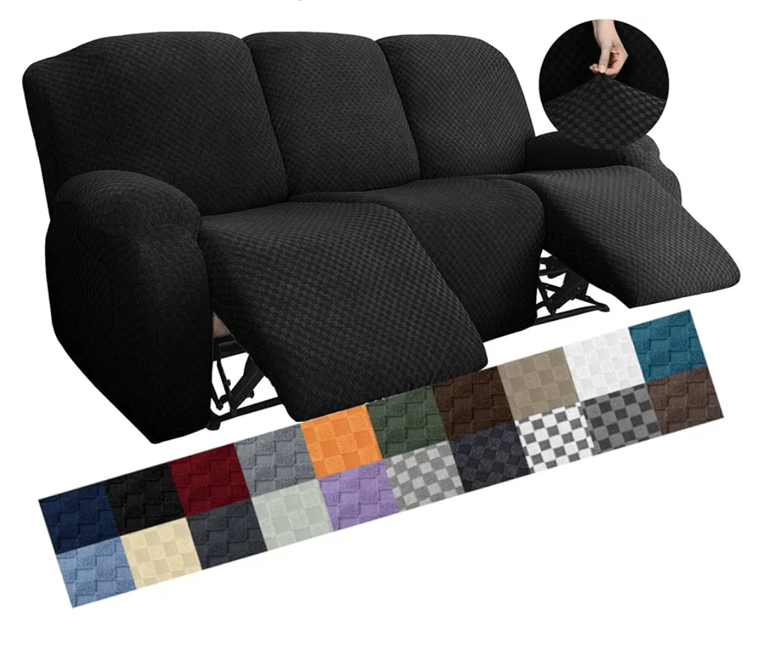 YEMYHOM 8 Pieces Stretch Recliner Sofa Cover Latest Jacquard Reclining Couch Cover with Side Pocket Anti-Slip Fitted 3 Cushion Furniture Slipcovers with Elastic Bottom (Sofa Recliner, Black), Large