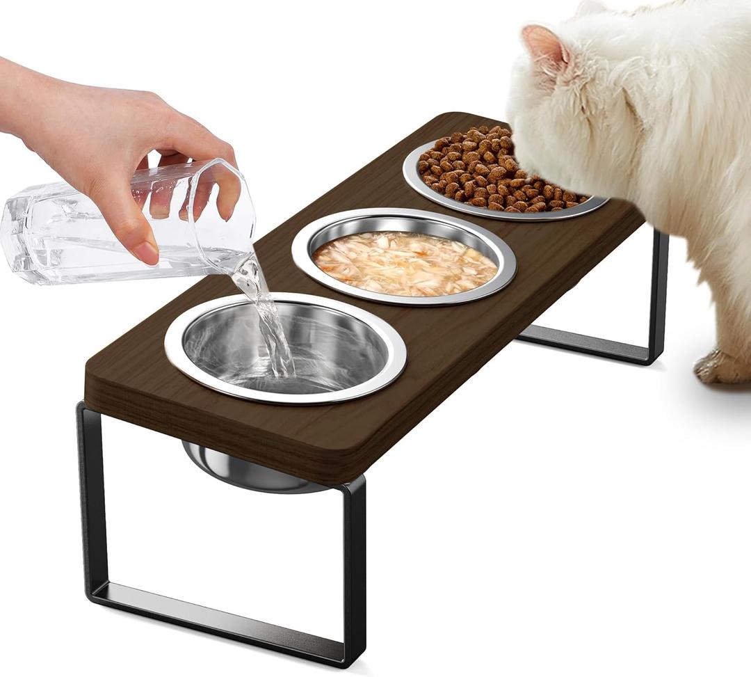 Elevated Cat Bowls with 3 Stainless Steel Bowls | 10 Tilted Anti-Vomiting Raised Cat Food Bowl for Small Cats and Puppies Pet Bowl with StandWalnut Color