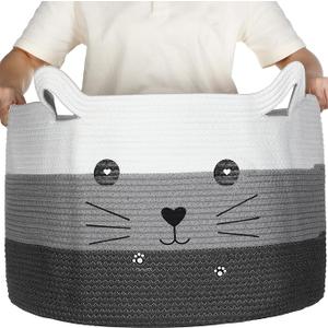Zopeal Cat Basket Storage Woven Organizer with Ears Easter Decorative Pet Toy Cute Cotton Rope Basket for Gift Cat Dog Toy Bin Nursery Room(21.7 x 13.8 Inch,White, Light Gray and Gray)