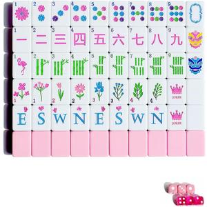 Mahjong Tile Set 160 1.2-inch Engraved Acrylic American Mahjong Tiles Game Set with Bag Cute Mini Mah Jongg Sets with Travel Bags Accessories Pink