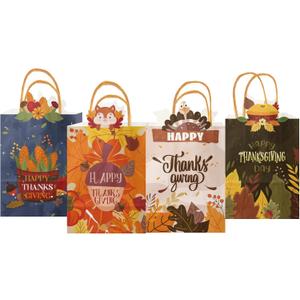 qiqee Fall Thanksgiving Paper Gift Bags with Handles Bulk Medium Pumpkin Harvest Bags Autumn Kraft Paper for Holiday Wedding Birthday Party Supplies 24pcs (8.7"10.6"4.3")