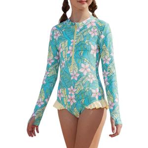 GRACE KARIN Girls One Piece Swimsuits Long Sleeve Bathing Suits Swimwear 5-14Y (7-8 Years, Light Green Floral)