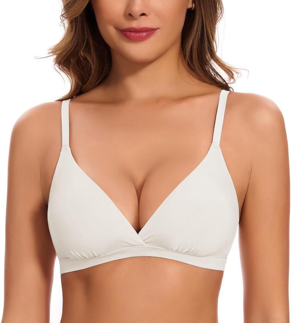 WOWENY Deep V Bras for Women No Underwire Wireless Push Up Bra Comfort Bralettes Seamless Plunge Bra with Support (Small, 2216-white)