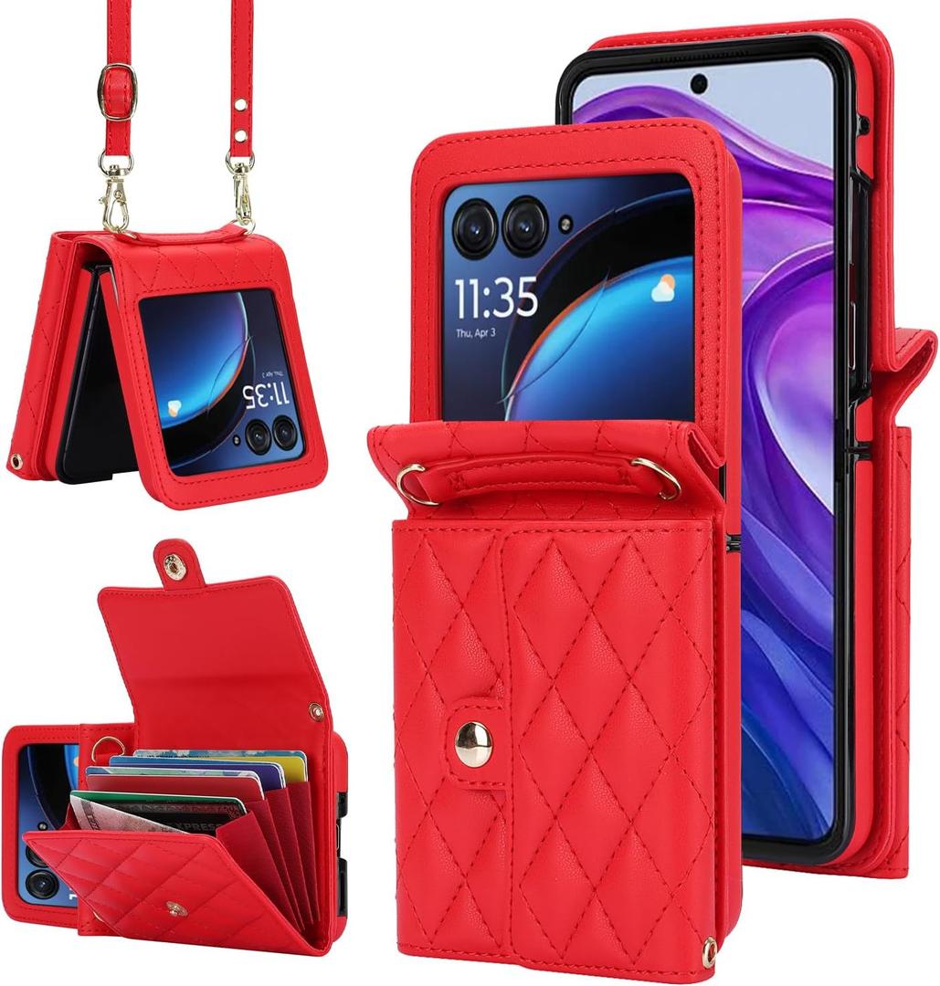Asuwish Phone Case for Motorola Razr Plus 2024/Moto Razr 50 Ultra Wallet Cover with RFID Blocking Crossbody Wrist Strap Stand Credit Card Holder Purse Cell RazrPlus Plus2024 + 5G Women Men Girls Red