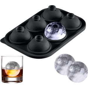 4 x 6-Cavity Round Ice Cube Tray - Durable Silicone Mold for Perfectly Round Ice Cubes, Ideal for Cocktails, Whiskey, and Beverages (Black)