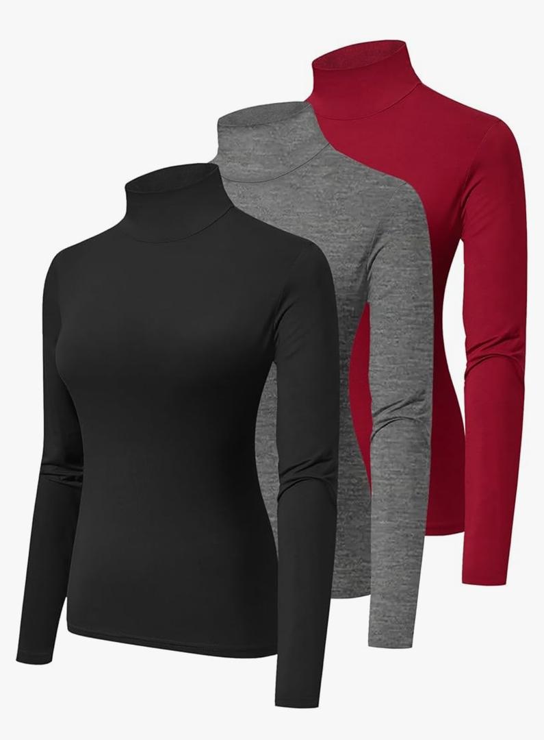3 Pack Turtlenecks Women Long Sleeve Pullover Baselayer Undershirts Tops Turtle Neck Mock Shirts, XXL