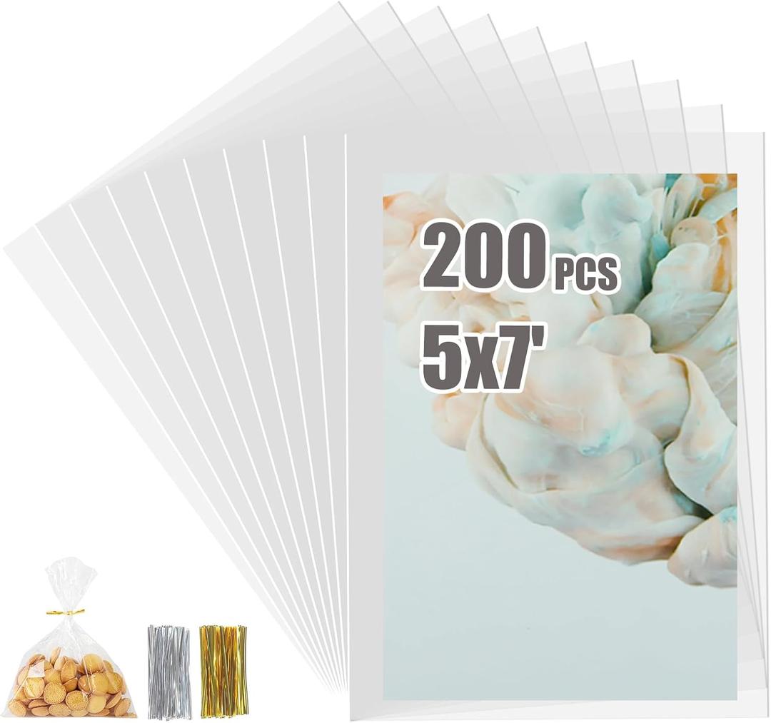 200 PCS Cellophane Treat Bags 5x7 Inches Clear Cellophane Gift Bags with 4" Twist Ties, Clear Goodie bags, Cookie bags, Candy bags, Plastic Bags for Treats Gifts Giving Birthday Party Favors