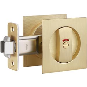 1 Pack Gold Pocket Door Lock, Pocket Door Hardware with Red-Green Indicator, Privacy Pocket Door Handles for Sliding Door/Bifold Door, Keyless Flat Door Knob, Heavy Duty Square Door Lock (Satin Brass)