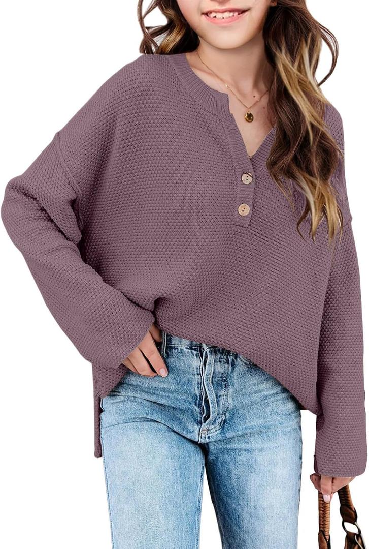 Girls Winter Sweaters 2026 Fashion Teen Tops Henley Kids V Neck Long Sleeve Loose Shirts Fall Warm Clothes (Size: 13-14 Years, Grey Purple)