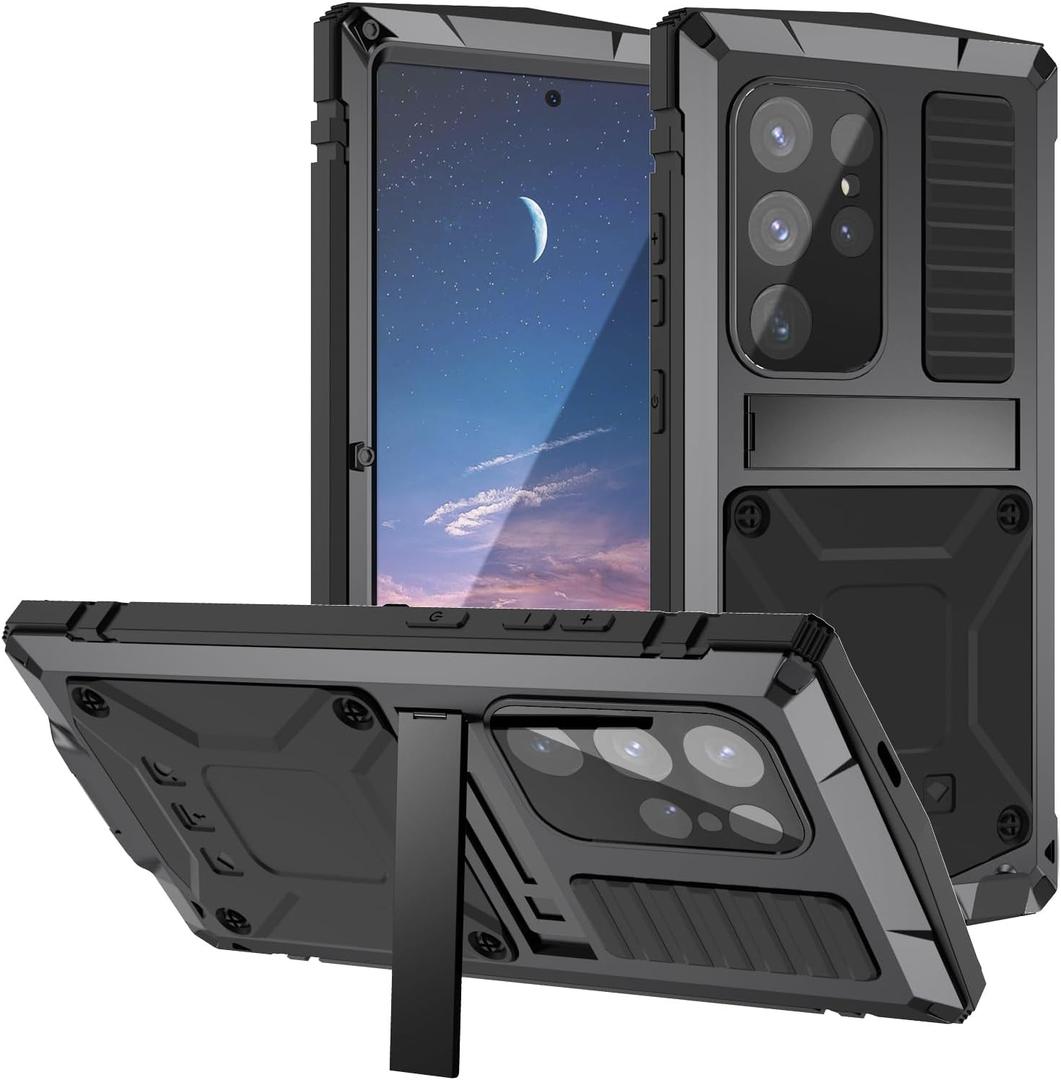 Metal Heavy Duty Case for Samsung Galaxy S25 Aluminum Military Grade Rugged Case with Metallic Stand Screen Protector Screws Dustproof Shockproof Full Cover for Man (Black)
