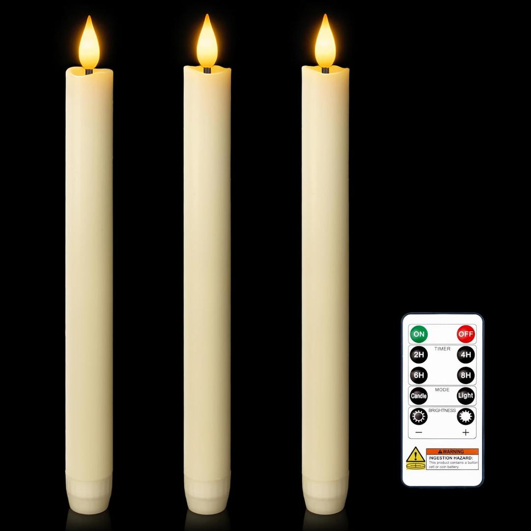 Homemory 3 Pcs Waxy Flameless Taper Candles with Remote, Flickering Battery Operated Taper Candles, Led Flameless Candlesticks Classic Tall Candle for Home, Wedding, Party, Ivory, 9.6 inches