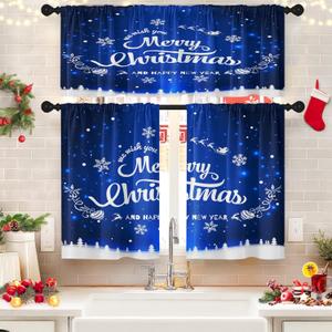 Christmas Winter Kitchen Curtains Happy New Year Snowflakes Blue Window Curtains Valance and Tier Set 36 Inch Rod Pocket Short Tier Curtain for Room Kitchen Decor (Xmas 22)