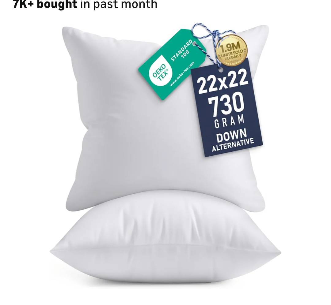 Utopia Bedding 22x22 Pillow Inserts, Set of 2, White – Indoor Decorative Throw Pillows for Bed, Sofa & Couch – Soft, Supportive & Fluffy Cushion Inserts