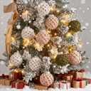 3 x 12 Pcs Green White Crochet Christmas Ornaments Ball Rustic Farmhouse Xmas Tree Decoration 2.36 Inch Neutral Handmade Knitted Xmas Tree Hanging Supplies for Winter Holiday Indoor Home Party Decor