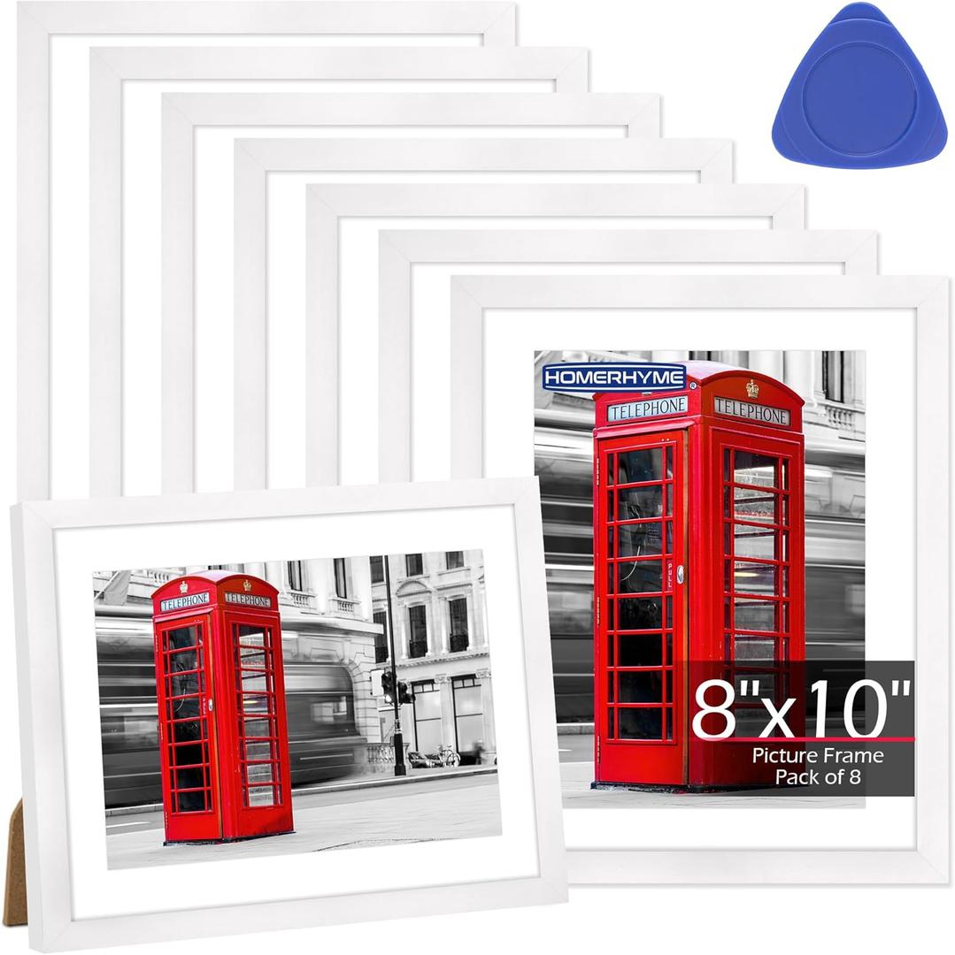 8x10 Picture Frame Set of 8, White Photo Frames for Tabletop or Wall Display, Fits Pictures 5x7 with Mat or 8x10 Without Mat, Frame Collage with HD Plexiglass for Gallery Home Wall Decor