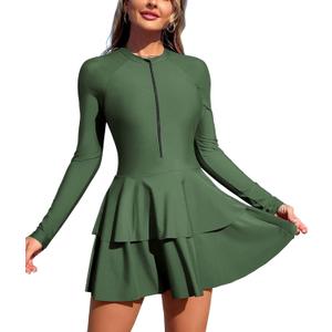 ZAFUL Women's One Piece Rash Guard Long Sleeve Modest Swimsuits Dress Zipper Bathing Suit Swimskirt (0-army Green) Medium
