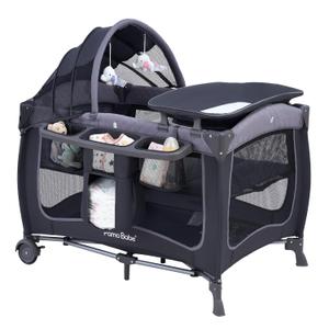 Pamo Babe Baby Playard with Canopy, Portable Crib with Changing Table (Lightgrey)